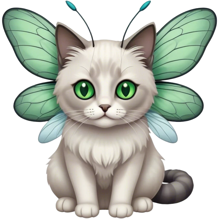 White and dark gray ragdoll Cat with dragonfly wings antennae green eyes emoji