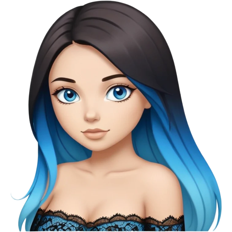 Beautiful Buxom-pawg-laying-bending-sfw-deep blue eyes-very straight long brunette to sky blue ombre hair-big juicy booty, wearing black lace, sfw emoji