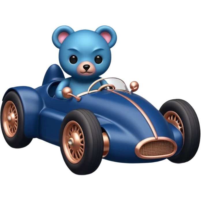 Real-proportional dark blue and rosegold-accented  retro racing car driven by furry-faced small evil alien scary teddy bear with rear spoiler emoji