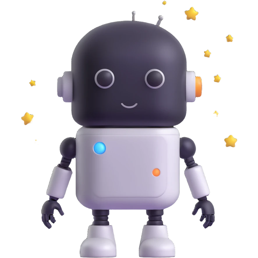 minimalist 3D cartoon-style icon of a dreaming robot with a pill-shaped head, eyes closed, soft features, small stars floating around, simple clean lines emoji