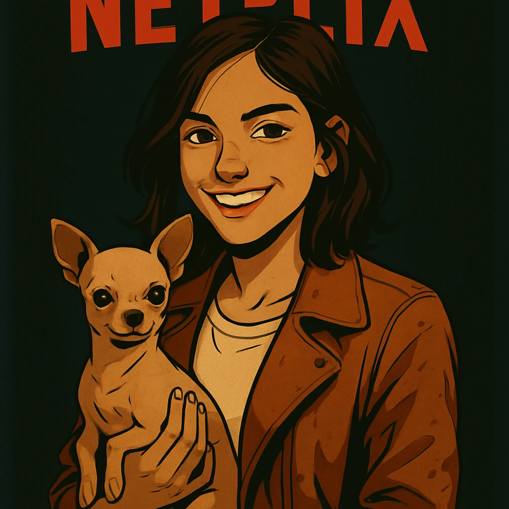 Change the facial expression to a joyful and confident look in the style of a Netflix series, keeping all other elements identical. emoji