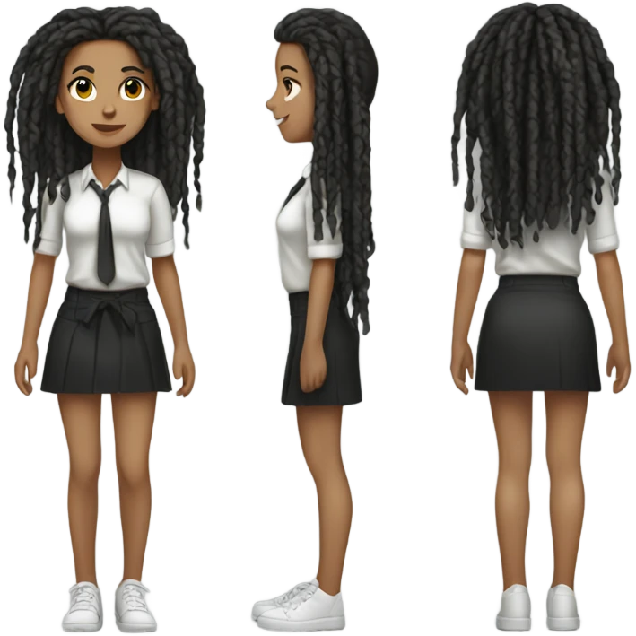 Tan girl with black locs dark white tied shirt black skirt full body emoji