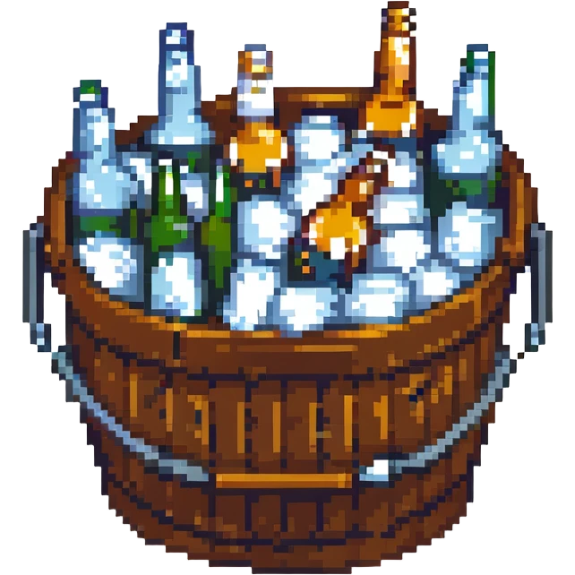 a metal bucket packed with ice and several beer bottles, pixel art style emoji