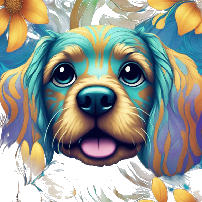 Multicolored retro groovy hippie trippy floral patterns on a metallic holographic iridescent blue dog face  emoji