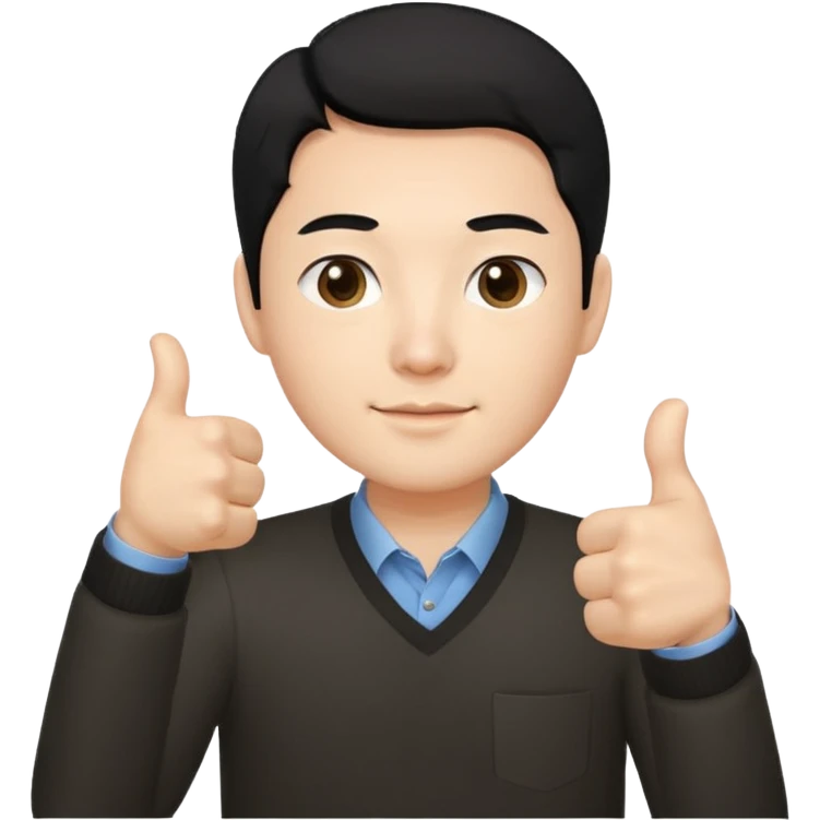 3D avatar of a Korean male frontend developer,
clean 5:5 middle part black hair,
no glasses,
close-up face portrait,
only head and one hand visible,
one hand making thumbs up gesture,
soft and friendly expression,
minimal style
 emoji