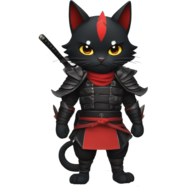Cool Edgy Samurai Litten-Nargacuga-Cat with black bat-wing-ears with a red harness full body emoji