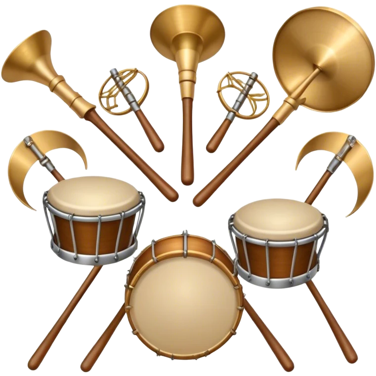 Create a heraldic, festive, and professional emblem-like emoji representing percussion instruments. The design should resemble a traditional crest, featuring a range of percussion instruments like cymbals, triangle, tambourine, maracas, timpani, and other traditional and folk percussion instruments. Arrange them symmetrically, with elements like cymbals crossing each other, a triangle at the center, and timpani or drums flanking the sides. The instruments should be depicted with metallic and wooden tones—shiny brass for cymbals, silver for the triangle, and rich wood or polished bronze for drums. Include ornate details like engraved patterns on the instruments, decorative swirls or laurels, and subtle accents to add elegance and festivity to the composition. The overall design should be cohesive, balanced, and visually striking, suitable for use as a prestigious emblem. The background should be transparent. emoji