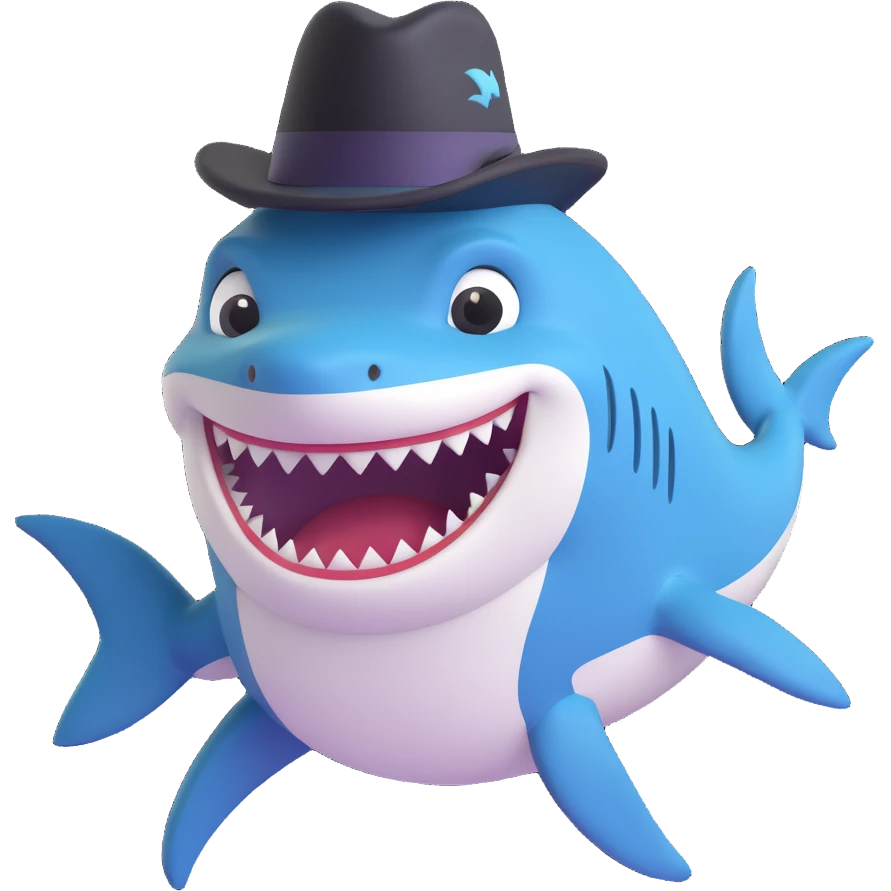 cartoon shark with a black top hat, smiling emoji