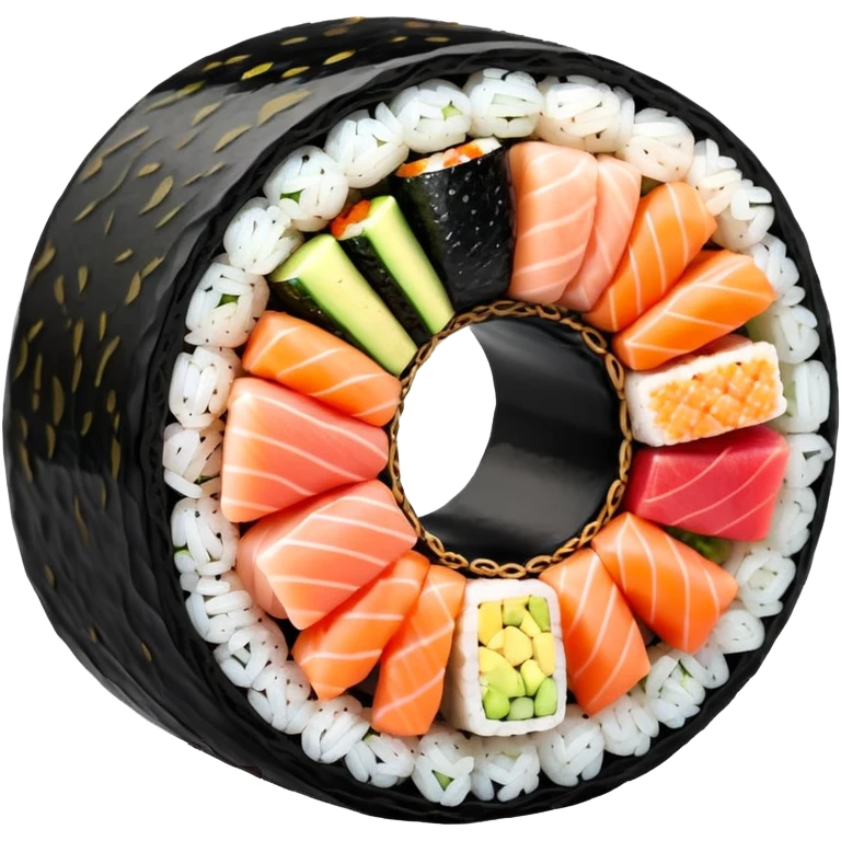 single round sushi maki cross-section, rice ring and colorful center emoji