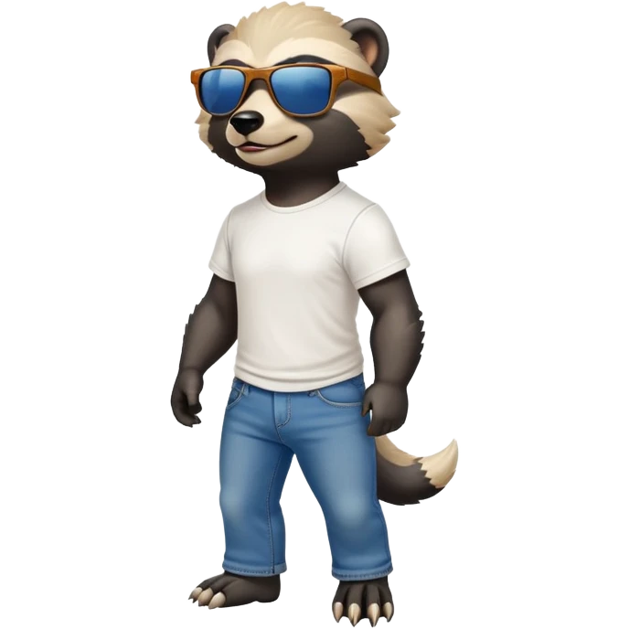 friendly anthropomorphised honey badger in jeans and a t-shirt, wearing sunglasses, walking upright, standard pose emoji