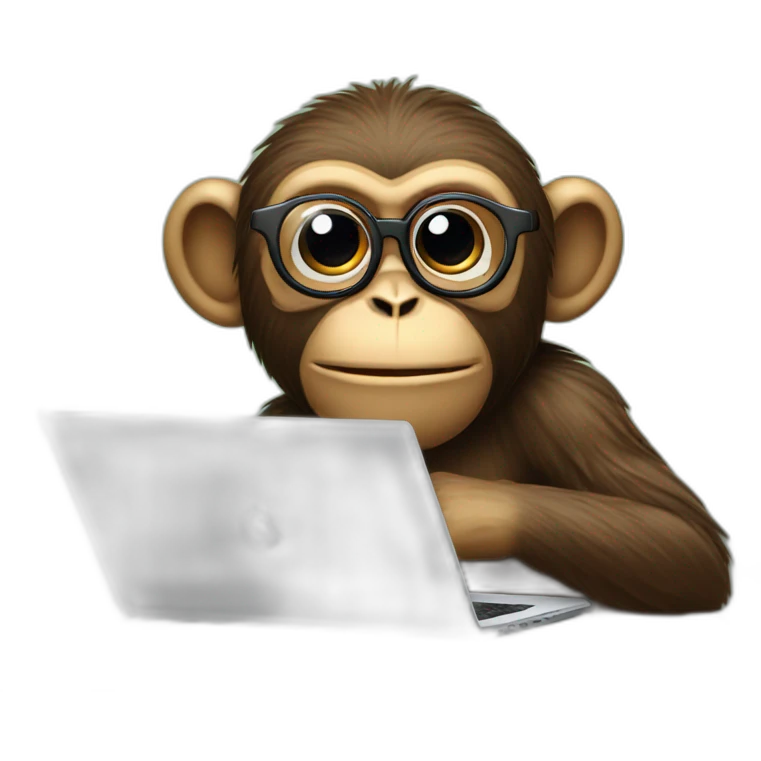 monkey with glasses and beard behind a apple laptop emoji