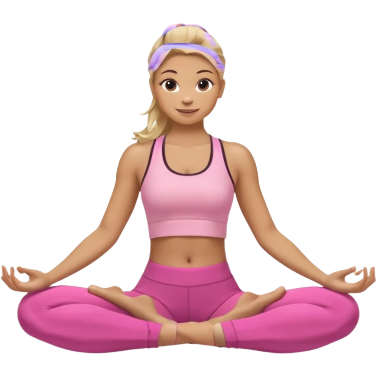 Mujer color de piel moreno clara, con cabello balayage rubio con castaño suelto y lacio y largo usando un top rosa deportivo y leggins deportivo rosa en una pose de yoga sentada, viendo hacia enfrente con ojos negros y sonriendo sin mostrar los dientes emoji