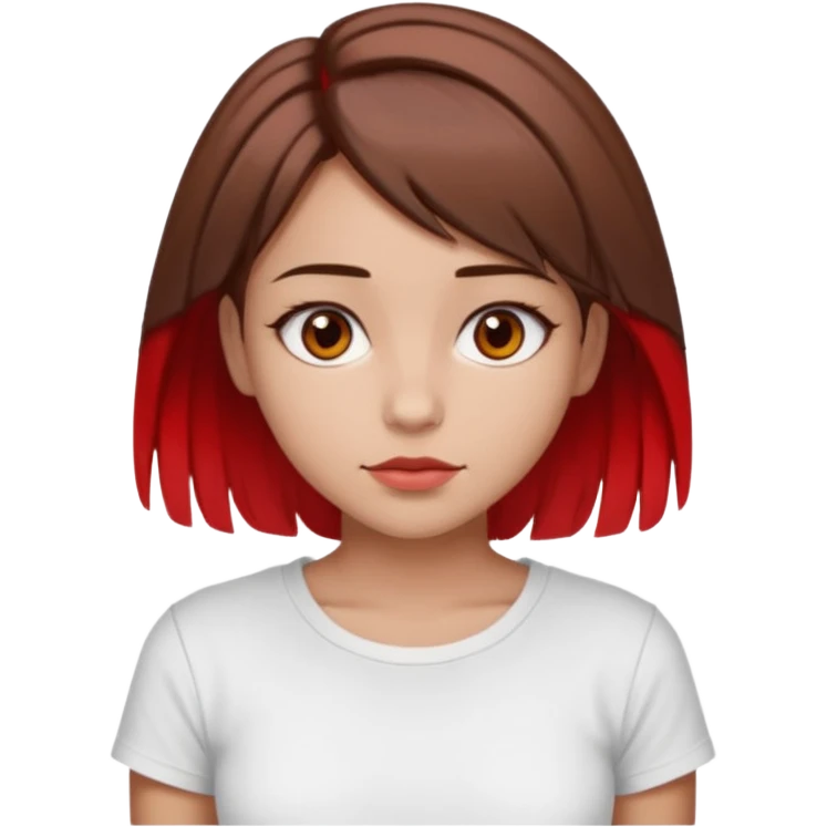 Una ragazza bellissima, truccata un po', con occhi marroni e capelli marroni corti fino alle spalle con due ciocche rosse davanti . Un seno medio. Vestita con una maglietta aestetich bianca  emoji