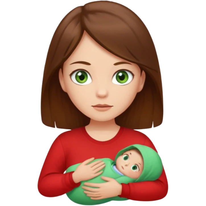 a girl with brown strait hair and has baby green eyes has a red t-shirt emoji