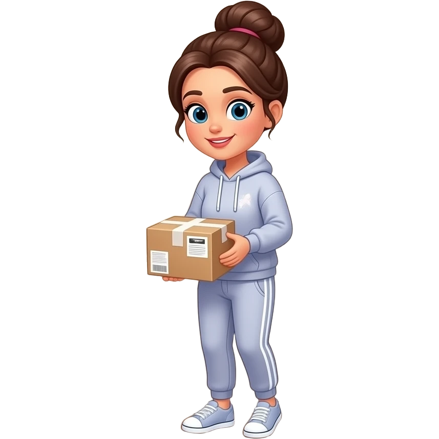 beautiful woman in a sweatshirt, sweat pants and a bun picking up her package outside her door emoji