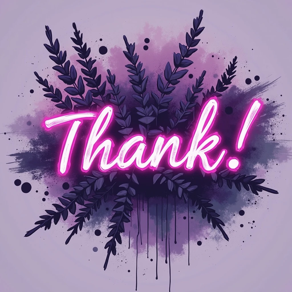 "thank you!" cyberpunk style text splash overlay lavender, streamer overlay, brush-font emoji
