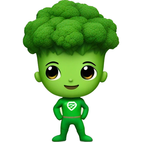 kawaii cute mini superhero with green clothes and a broccolis as hair,  full body saying hello emoji