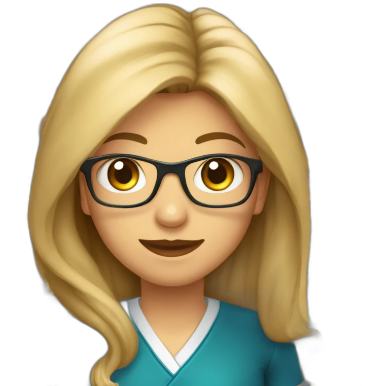 Profesora con pelo recto castaño y reflejos rubios, ojos azul verdosos, nariz pequeña, con un lunar entre la nariz y la boca  emoji