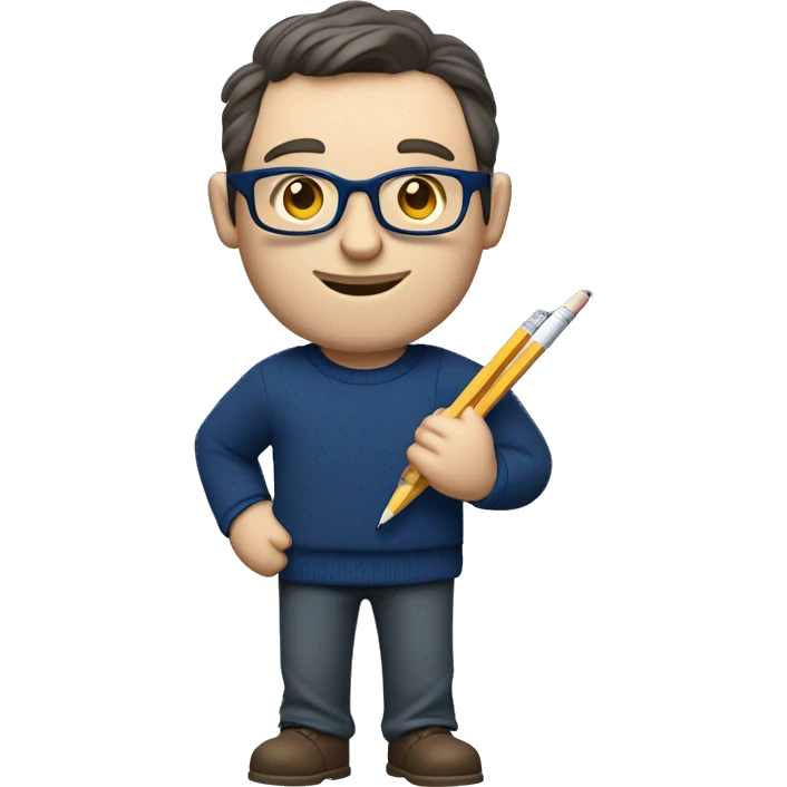 caucasian white man with dark hair, blue glasses, and carrying design plan because he is an architect carrying a pencil and a set model maquette. wearing a navy blue long sleeve sweater shirt. smart.  emoji