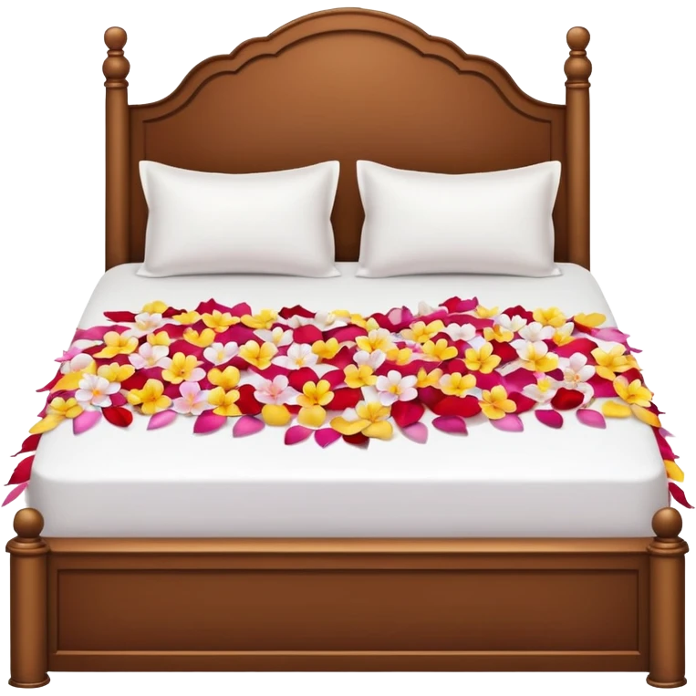 Romantic double-bed with flower petals spread on it  emoji