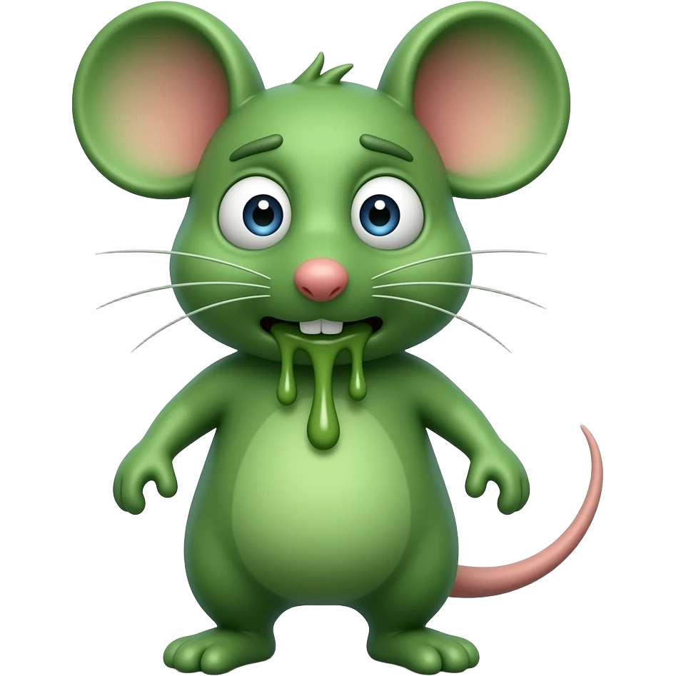 A small green mouse standing upright, with arms and legs shaped like a little person, staring at us with a nauseating look, its mouth covered in vomit. The mouse’s body is entirely green. emoji