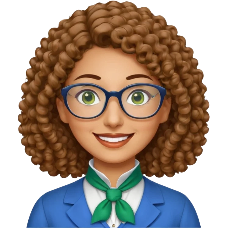 40 yr old Iranian woman, light brown very curly thick hair, shoulder length hair, green eyes, tan skin, big smile, big glasses, blue dress shirt with white cravat on neck emoji