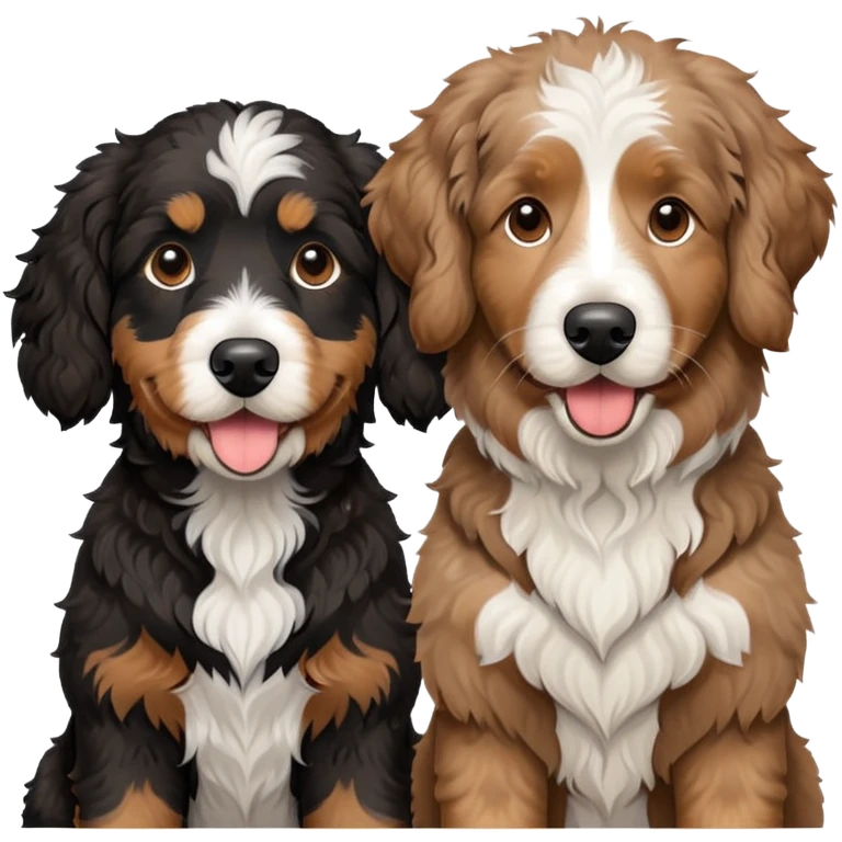 2 dogs, one is a light brown Aussie doodle. the other is a All black Berenedoodle with white eyebrows . Make both same size emoji