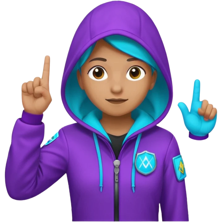 Hooded Vault Pioneer saluting with two fingers, neon purple-cyan glow, badge on chest, emoji style emoji