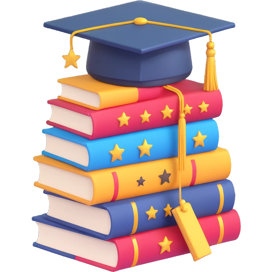 stack of books with graduation cap and gold stars emoji