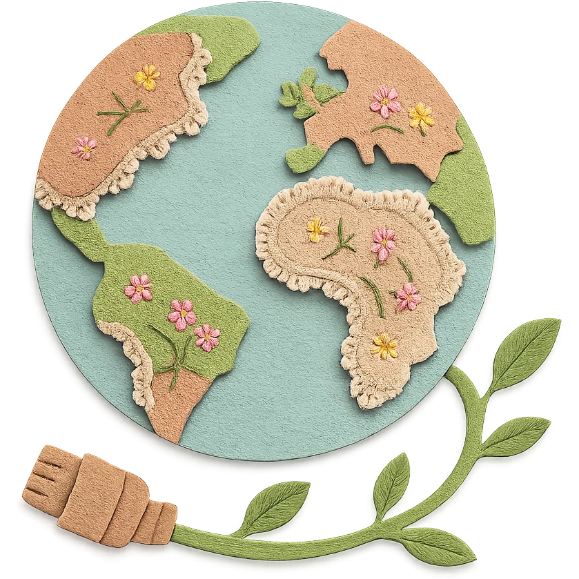 cottagecore interpretation of the classic Internet globe with ethernet cable icon, globe made of soft pastel earth tones, continents as patches of fabric with lace trim and tiny embroidered flowers, ethernet cable as a vine with leaves, wooden plug connector, cozy whimsical homey style emoji