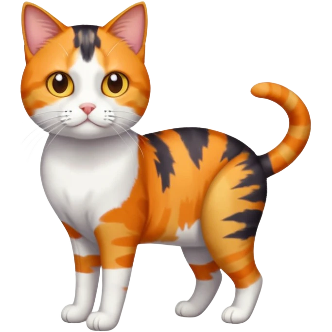 full body anxious looking colourful calico tabby cat with disproportioned head to body with fully white front legs emoji
