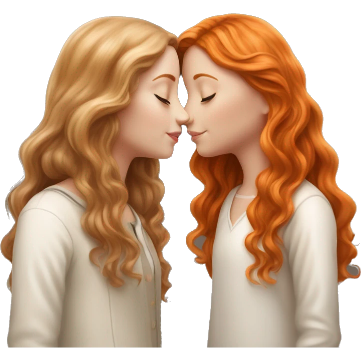 serene two white girls. one has wavy brunette hair and the other has natural soft orange hair delicate fringe. standing together kissing in gentle light. calm and content. hyper-realistic soft textures fine details glow on skin emoji