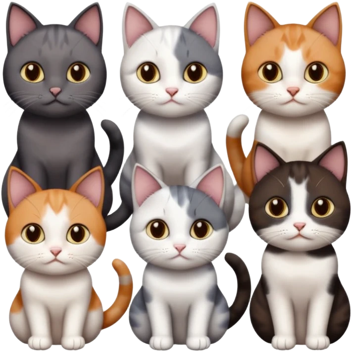5 different coloured short haired cats including; a dark brown and white cat, and a dark grey and white, and a calico emoji