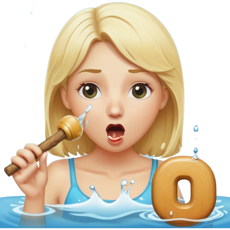 blond woman eating a wide stick with a half-round knob shaped like the letter D, both stick and knob same color as her skin, knob with visible skin texture, water stream squirting from flat side of knob into her open mouth, surprised expression emoji
