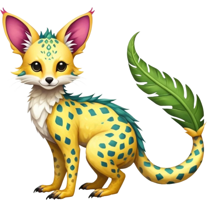 Feral Rare Fantasy vibrant tropical Vernid-Trico-species by LiLaiRa, random markings, tufted tail, tufted ears, full body emoji