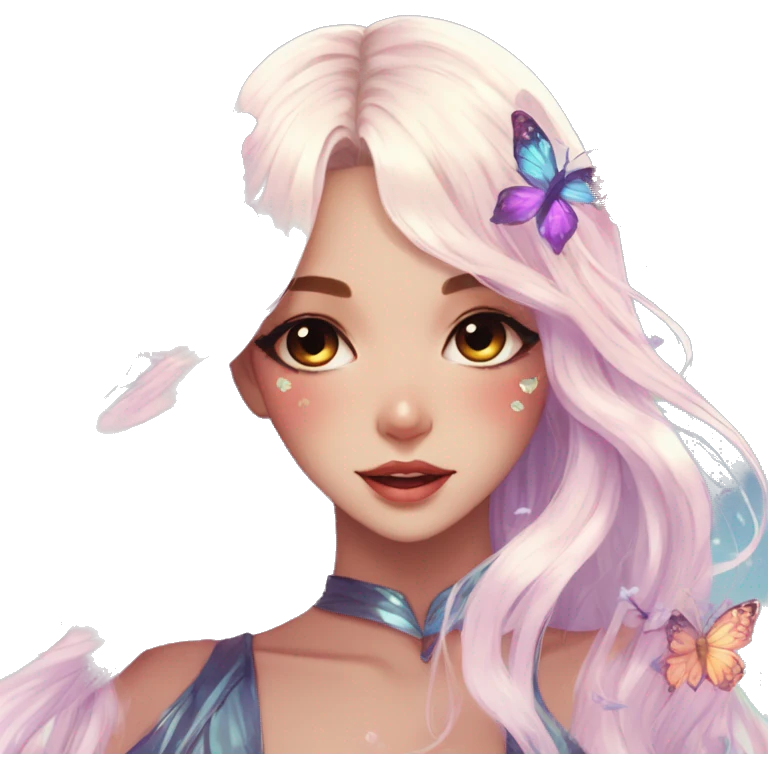gorgeous shiny anime lady with butterflies and beautiful hair fairycore high quality detailed vogue trending aesthetic emoji