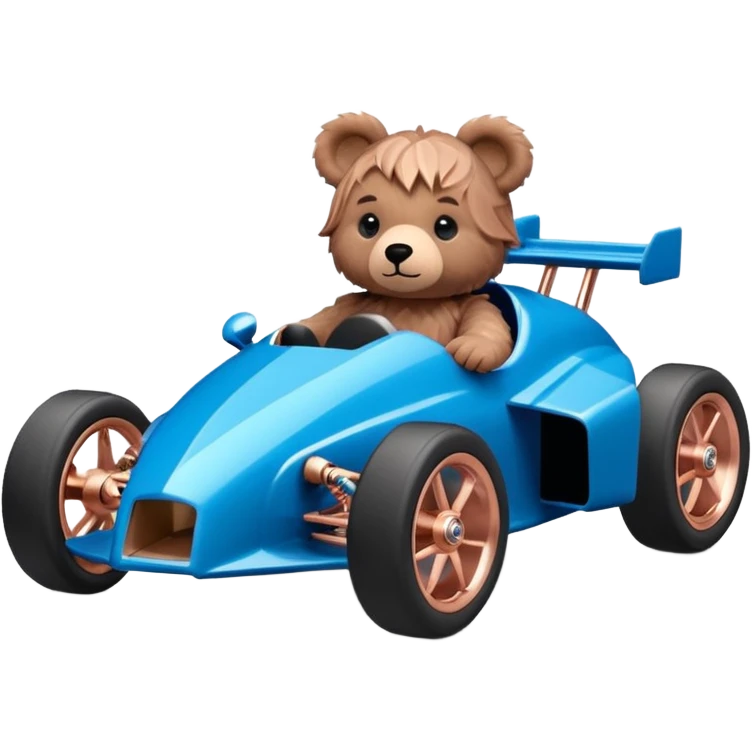 dark crystal blue and rosegold-accented faceted-body rc racing car driven by a small cute but fearless teddy baby bear with rear spoiler, roll bar, and wheely bar emoji