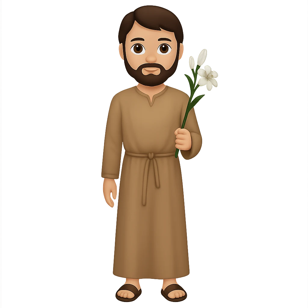 Create a full body, standing front view of Saint Joseph in an emoji style. He should wear a long tan robe similar to the reference image, have dark brown hair and beard. The background should be removed, leaving only the figure. emoji