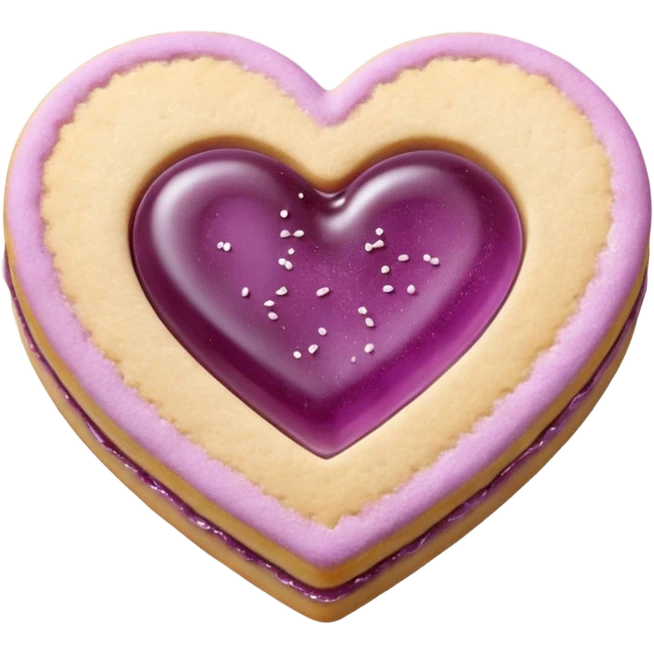 Realistic shortbread cookie in the shape of a heart with mauve jelly middle filling and sprinkled powder sugar on top. emoji