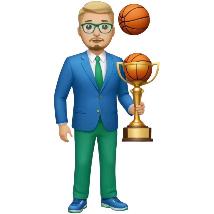 Full Body white plus size man  wearing glasses with a goatee with dirty blond short hair basketball head Coach in blue and green suit holding trophy emoji