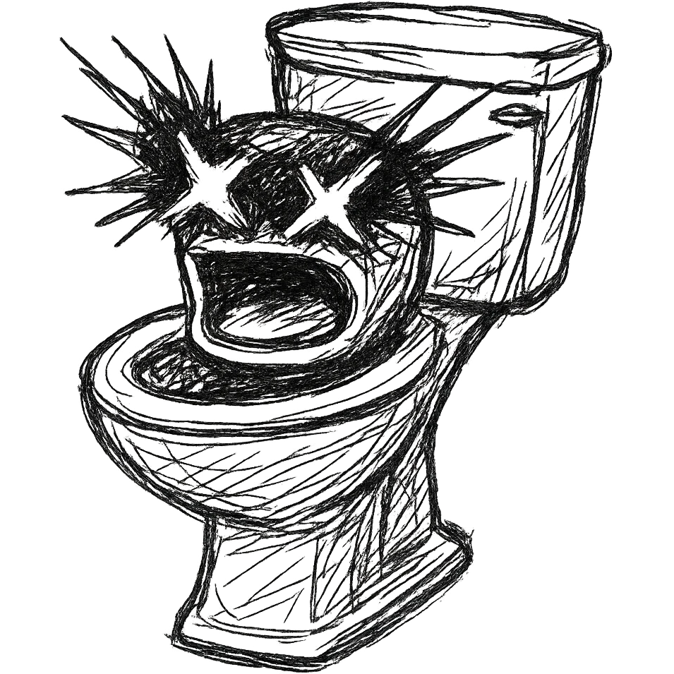 skibidi toilet with glowing eyes, dramatic and funny, chaotic meme style emoji