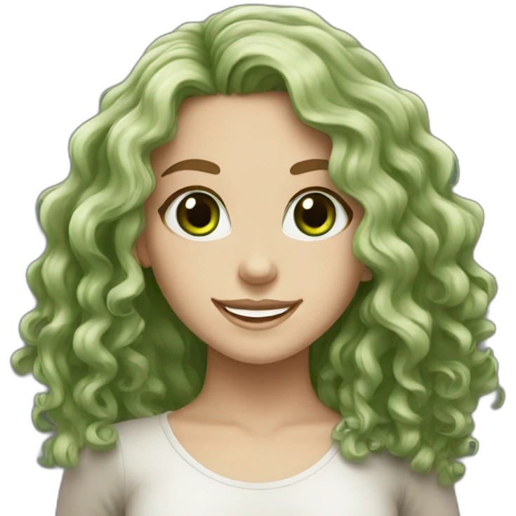 White girl with long black curly hair and green eyes smiling emoji