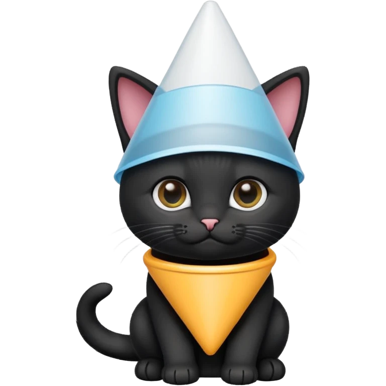 A mostly black kitten with a white chest and a plastic cone on around his head after surgery emoji