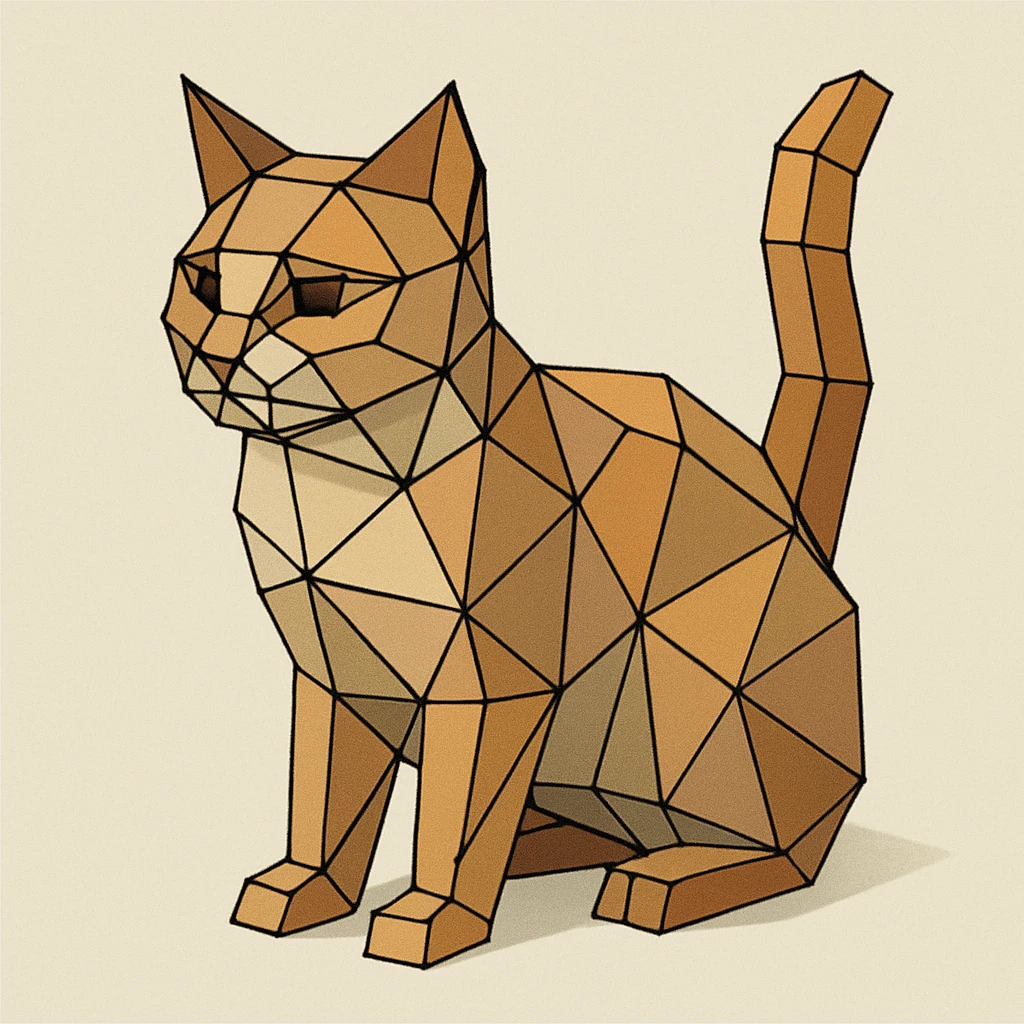 {
  "style_description": {
    "name": "Low Poly Wireframe",
    "overall_look": "Geometric abstraction with visible polygonal mesh edges and a minimal, digital aesthetic",
    "geometry": {
      "shape_type": "triangles and quadrilaterals forming faceted surfaces",
      "structure": "low-resolution polygon meshes with flat faces",
      "edge_visibility": "clear, sharp wireframe outlines around each polygon",
      "dimensionality": "3D-like forms created through flat shading and edge contours"
    },
    "linework": {
      "type": "thin or semi-bold outlines tracing all edges of the mesh",
      "style": "uniform or slightly stylized (e.g., dotted or glowing lines)",
      "color": "typically black, dark gray, or color-matched for contrast"
    },
    "color": {
      "application": "solid flat colors per polygon, without gradients",
      "palette_type": "limited, often monochromatic or with tonal variation per face",
      "highlighting": "minimal shading to emphasize surface depth without realism"
    },
    "lighting": {
      "approach": "ambient or directional lighting used sparingly to add dimension",
      "avoid": ["soft shadows", "complex reflections", "photorealism"]
    },
    "background": {
      "style": "plain or gradient backdrop to contrast mesh clarity",
      "consistency": "flat and neutral to preserve focus on wireframe structure"
    },
    "render_constraints": {
      "avoid": ["smooth surfaces", "rounded curves", "realistic textures"],
      "focus_on": ["polygon edges", "angular forms", "mesh clarity"]
    },
    "subject_treatment": {
      "representation": "simplified, stylized forms with clear geometry",
      "emphasis": "structure, volume through form and edge"
    }
  }
}

{subject} = cat emoji