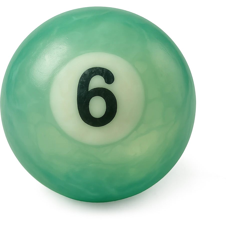 pool billiards 6-ball, retro 90's toy style, very transparent, slightly see-through, green with white circle and number 6, soft plastic texture, soft reflections, soft and squishy, some cloudiness, not shiny, highly detailed, appealing, no tag, no background emoji