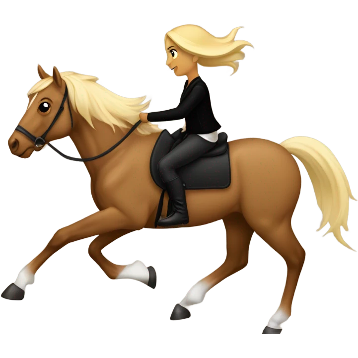  A Palomino horse running with a black sequin rug on his back and a brown rider girl on his back without a helmet dressed in black pants and a vest  emoji