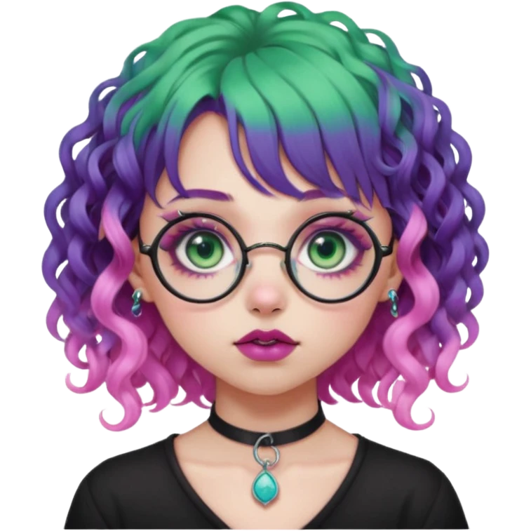 . Gothic girl with pink to violet ombré hair with pink on top, ringlet curly hair, bangs round glasses, septum piercing, nostril piercing, almond eyes, blueish green eyes,heavy eyeliner,  emoji