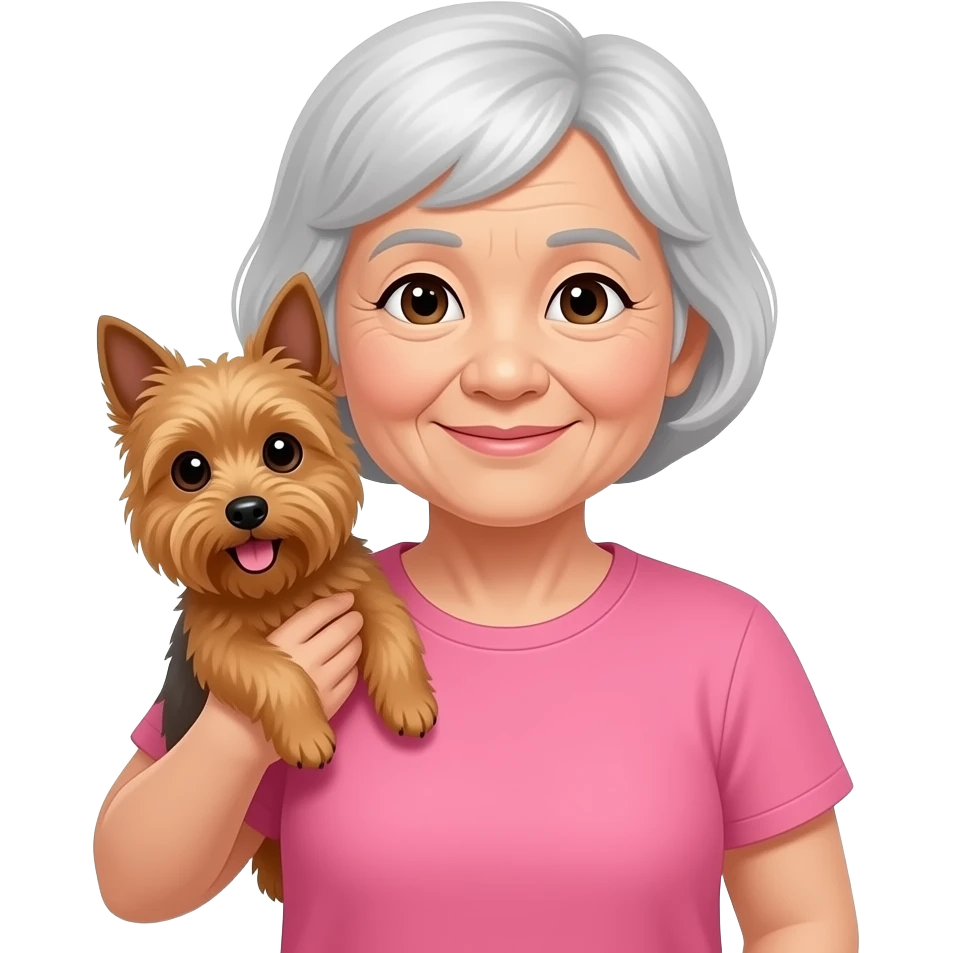 Asian grandma wearing pink tshirt with short white hair carrying brown terrier emoji