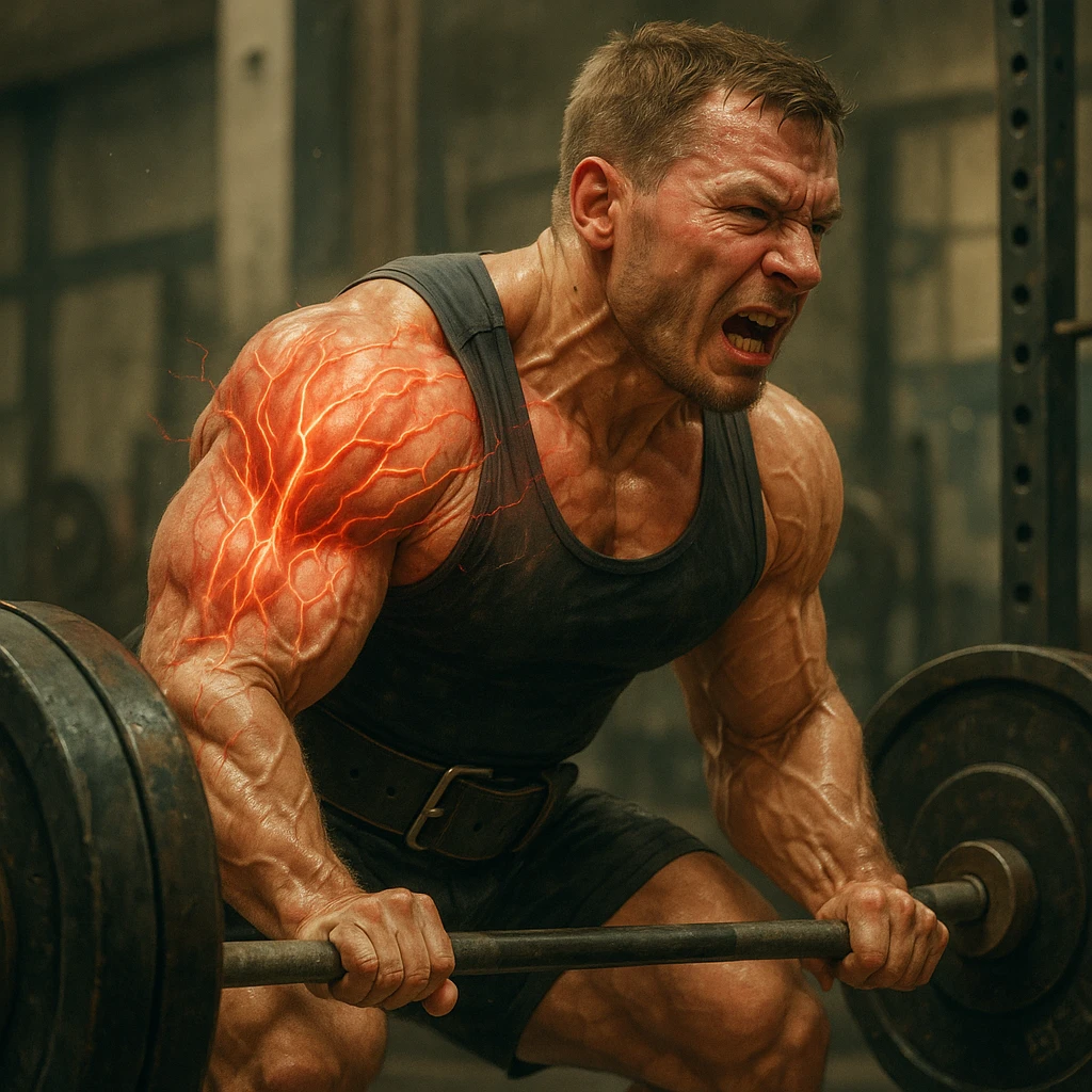 European powerlifter lifting weights, muscles and nervous system dynamically represented as rapidly growing, visibly inflamed and swollen shoulder tendons, risk atmosphere, realistic details, weight room background emoji