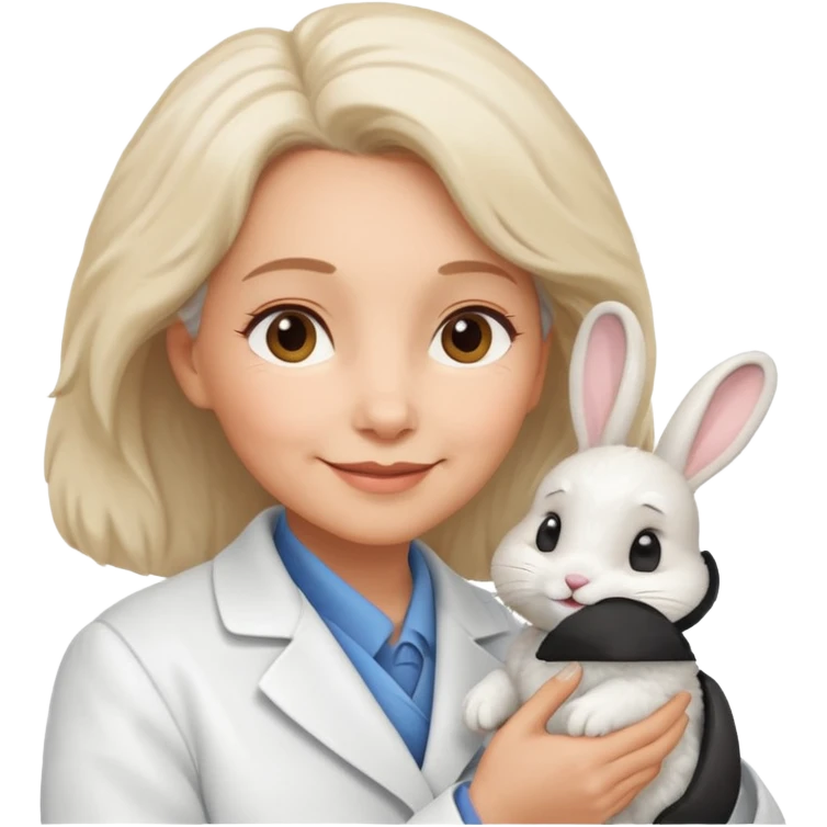 Older female vet – gentle smile, coat, checking rabbit  emoji